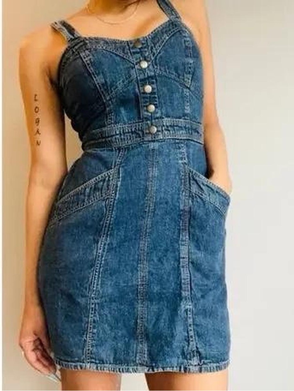 Japna Women's Blue Denim Overall Dress with Button Front size XS